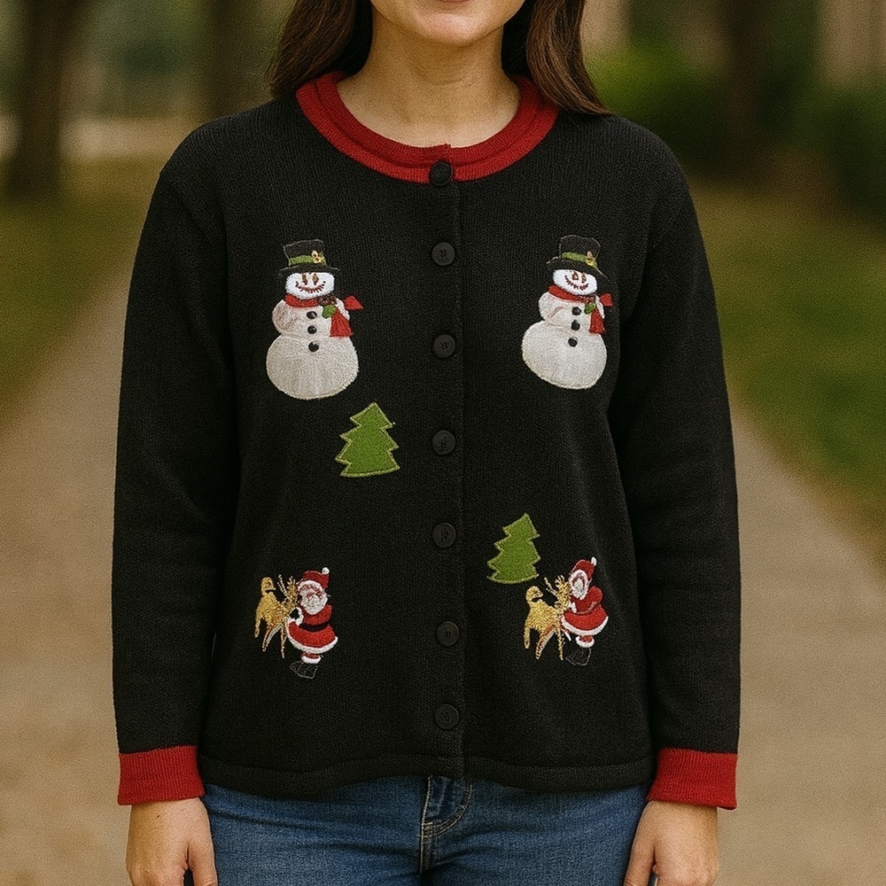 Vintage 90s Whimsical Christmas Knit Cardigan Sweater Women Size Medium Casual